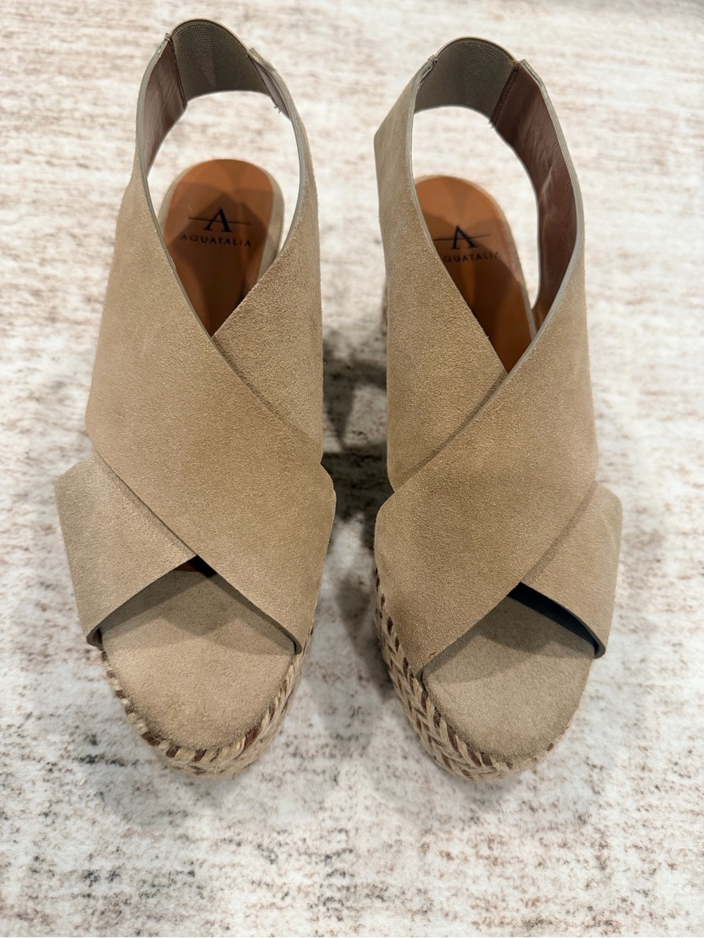 Aquatalia Tan Suede Crisscross Espadrille Wedge Sandals